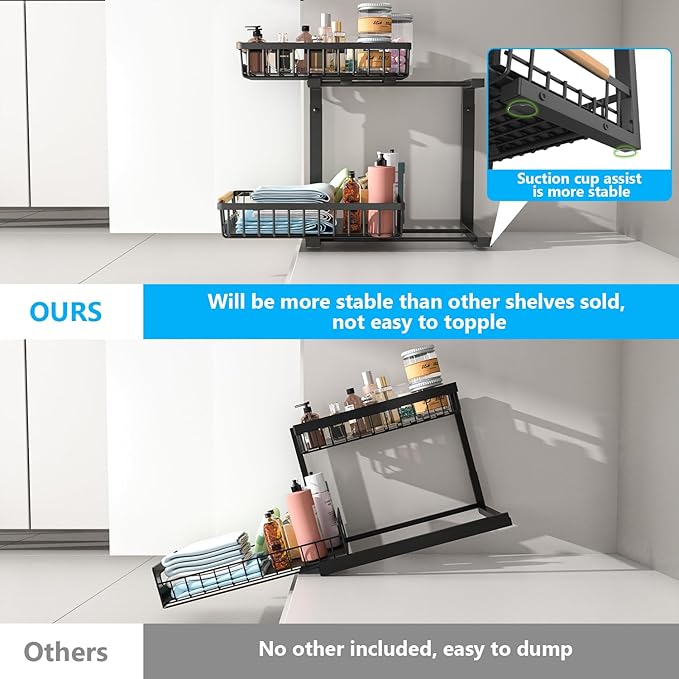 Under Sink Organizers, 5 Adjustable Height,Metal Pull Out Under Sink Organizers and Storage Shelves with Sliding Drawer, Black 1pack（Hight 13.6″-16.9″）