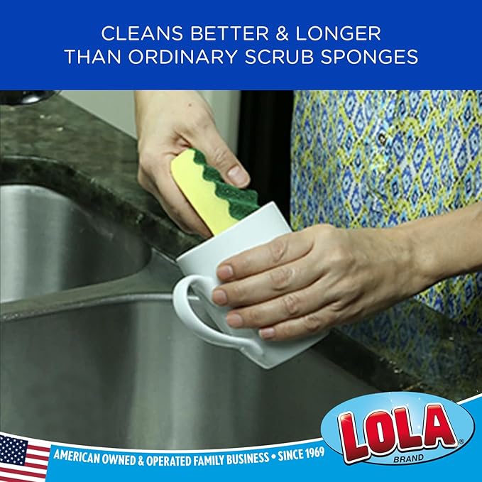 LOLA Heavy Duty Scrub Sponges, 2 Pack, Made in USA, Superior Sponge Lasts up to 4X Longer, Reusable Long Lasting, Next Generation Cleaning