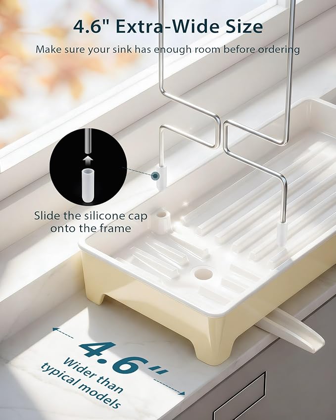Minimalist Sink Caddy, Rustproof Sponge Holder for Kitchen Sink with 304 Stainless-Steel Brush Holder, Countertop Rack Organizer with Raised Ridges & Silicone Drain Tube (Pastel Yellow)
