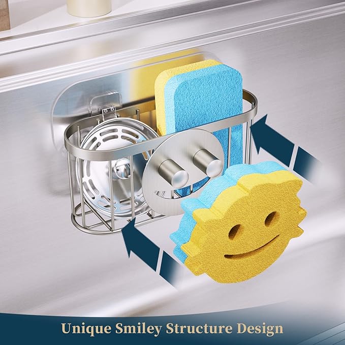 Consumest Sponge Holder Smiley Face - Kitchen Sink Caddy, Sink Organizer with Removable Suction Cups & Adhesive Strips, Suit for Sponge, Soap, Sand Nickel