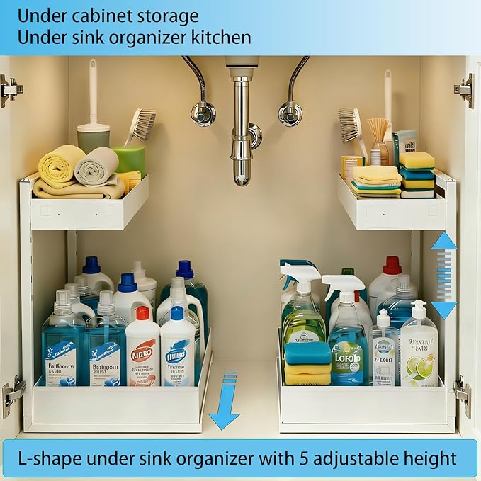 Under Sink Organizer, Bathroom Counter Organizer, 2 Pack 2 Tier L-Shape White, Adjustable Height Carbon Steel, Under Cabinet Storage with Pull Out Drawer, Use for Kitchen Bathroom Office Shop Laundry