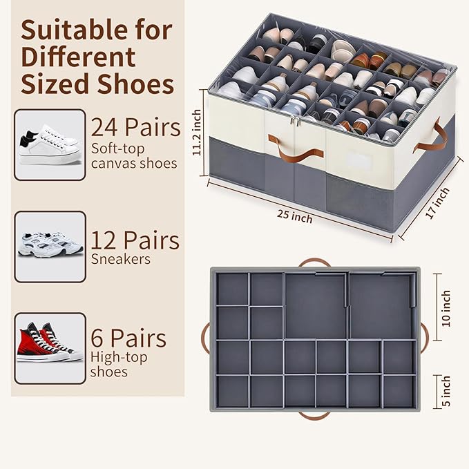 1 Pack Shoe Organizer for Closet Fit 12-24 Pairs with Adjustable Dividers, Large Foldable Shoe Storage Containers Box Bin w with Clear Lid and 4 Handles,with 2 mesh pockets,with Category Lable