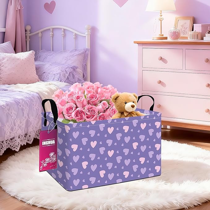 Rectangular Storage Basket Fabric Organizer Bin for Toys,Books,Clothes,Gifts,Pets-Perfect for Home,Office,Nursery,Dorm,Shelf(Rec-Purple hearts)