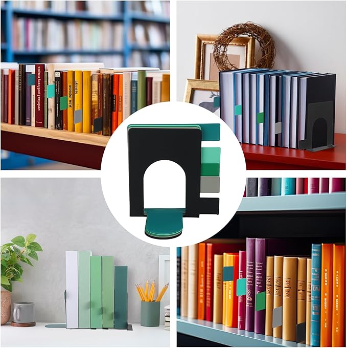 5 Set Metal Book Ends for Shelves Book Shelf Dividers Library Shelf Marker Bookends Stopper Colorful Office Stand Holder for Heavy Books Desk Home Movies Kitchen Cds(Gray Green)