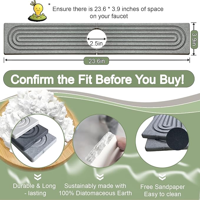 Faucet Mat for Kitchen Sink,23.6" Diatomite Stone Drying Mat,Quick Drying Splash Guard,Super Absorbent.Kitchen ,Bathroom Sink Splash Guard, Durable Countertop Protection (Light grey)
