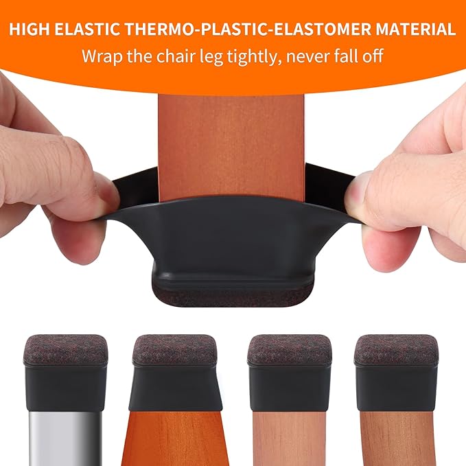 Ezprotekt 16 Pcs Rectangle Black Silicone Chair Leg Floor Protectors, Rectangle Felt Chair Leg Caps, Furniture Leg Covers Cups for Chair Table Desk, Anti- Scratches (Fit L :1.3-1.7", W: 0.6-0.9")