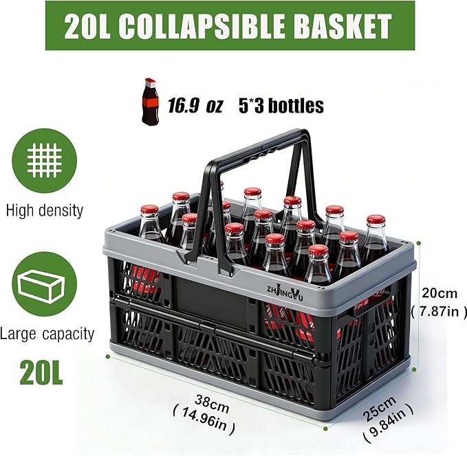 Plastic Baskets with handles,2-pack Black Collapsible crates for storage,14.96"x9.84"x7.87" foldable shopping basket ,foldable crate with Handles for car Classroom Kitchen Bathroom Medicine Milk