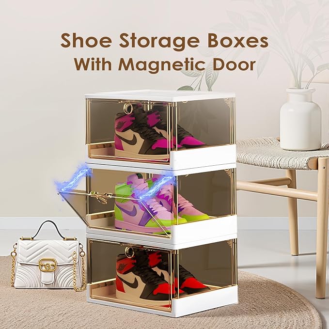 Thicken & Sturdy Clear Shoe Boxes with Magnetic Door, 3 Pack Stackable Multi-functional Shoe Storage, Shoe Organizer for Closet, Space Saving, 360 ° Dustproof & Moisture-proof, Fits Up to US Size 13