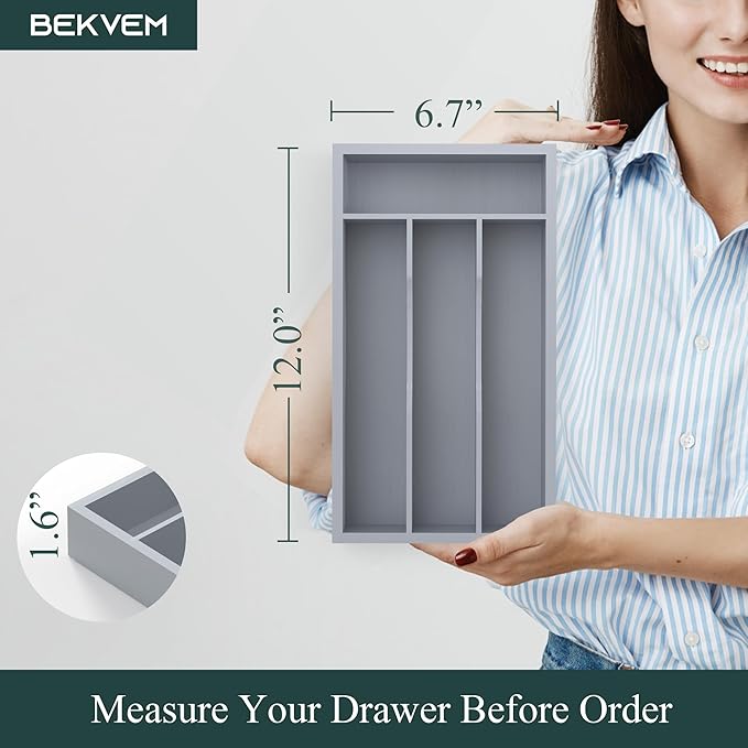 Silverware Organizer, Bamboo Kitchen Drawer Organizer, Utensil Holder, Cutlery Tray & Spoon Flatware Storage with Grooved Drawer Dividers (Grey)