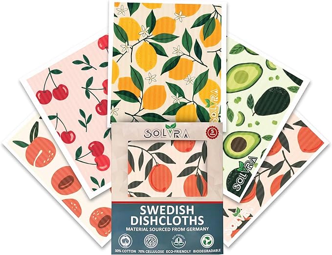 5 PCS Fruit Print Swedish Dishcloths for Kitchen 100% Biodegradable, Reusable Cellulose Sponge Cloths Ultra Absorbent, Eco Friendly Cleaning Towels Dishcloths for Washing Dishes & General Cleaning