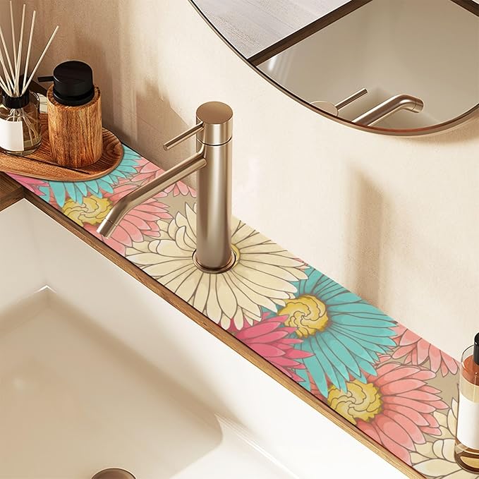 Kitchen Sink Splash Guard 1 PC 14.7 Inch Sink Faucet Mat Splash Guard for Bathroom Countertop Water Absorbent Foldable Cuttable Soft Washable Colorful Flowers
