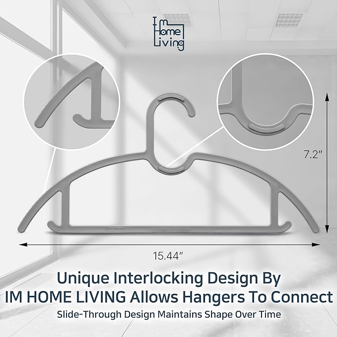 15" Compact Slim & Slimlink Interlocking Clothes Hangers, Space-Saving Lightweight Plastic Hangers for Small Closets, Dorms, Apartments, Travel, RVs & Petite Clothing (Gray, 50)