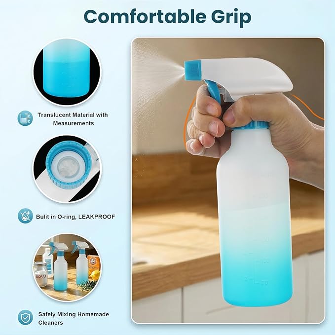 Spray Bottles 12oz HDPE Spray Bottle for Hair Mist/Stream Empty Sprayer Heavy Duty Refillable Containers for Cleaning Solutions, Plants, Vinegar 2 Pack (Blue, 12oz)