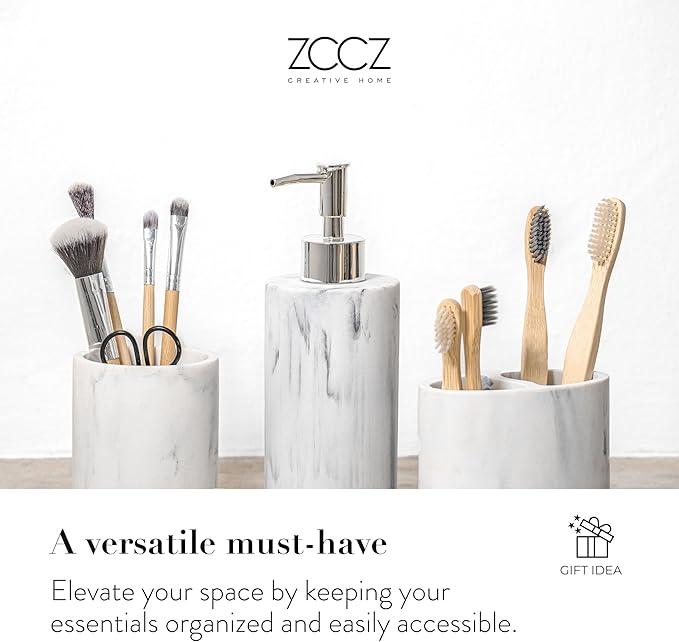 ZCCZ Bathroom Accessory Set, 4 Pcs Marble Look Bathroom Vanity Countertop Bathroom Décor Sets Accessories with Soap Dispenser, Toothbrush Holder Set, Tumbler, Soap Dish