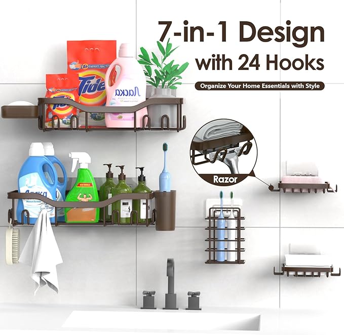 Shower Caddy Adhesive Shower Organizer 7-Pack, Rustproof Stainless Steel Bathroom Shelves, Large Capacity No-Drill Rack Storage Accessories with Soap Dish Toothbrush Holder Hooks