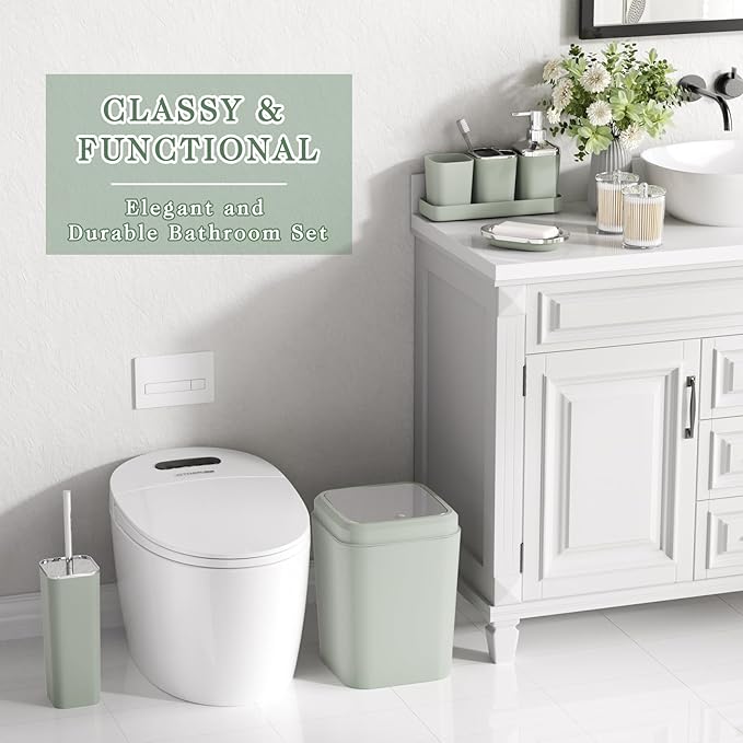 Bathroom Set, Sage Green Bathroom Accessories Set with Press-on Lid Bathroom Trash Can, Soap Dispenser, 10PC Bathroom Accessory Set for Home
