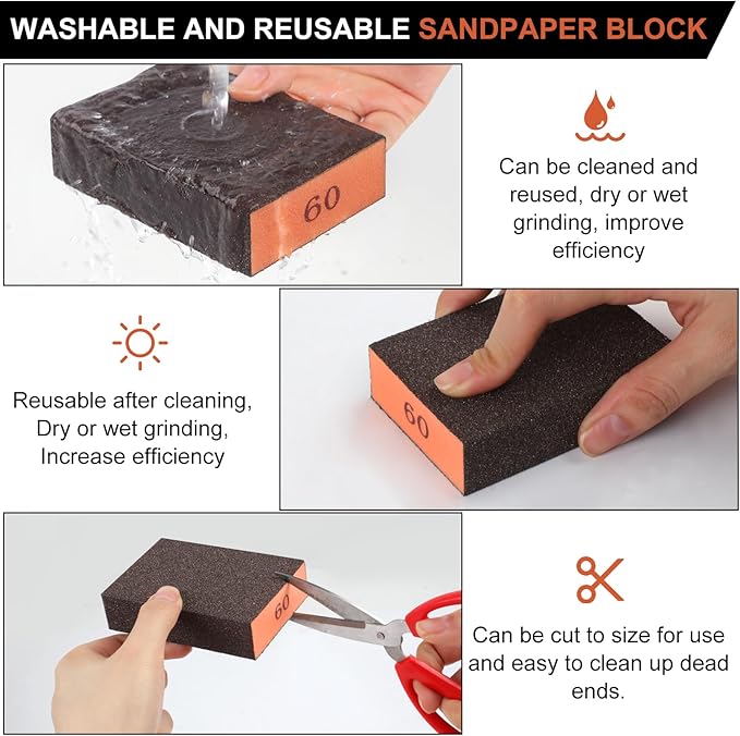 Romeda 8-Pack Sandpaper Block, 60 Grits Washable and Reusable Handmade Sanding Sponge, Drywall Sandpaper Blocks for Wooden Drywall Sheetrock and Metal Glazing