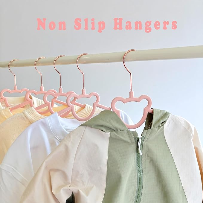60 Pack Pink Velvet Baby and Kids Clothes Hangers - 12.6in for Ages 4-10, with Cute Bear, Rotating Rose Gold Hook, Non-Slip, Space-Saving Slim Felt Hangers for Toddler Coats, Jackets, Dresses