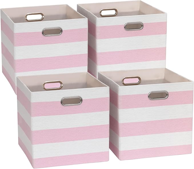 13x13x13 Storage Cube Bins, Foldable Storage Cubes Cubby Baskets Organizer Cloth Bins for Cube Storage Organizing Shelf Closet, Pack of 4, Pink/White Stripe