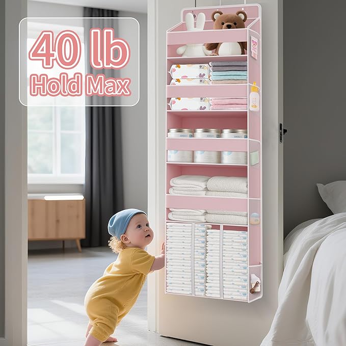 1 PC Pink Over the Door Organizer with 1 Large Capacity Caddy, 4 Shelf & 10 Mesh Side Pockets, Pink Stuff Hanging Storage and Girl Essentials Closet Organizer for Cute Room, Bedroom