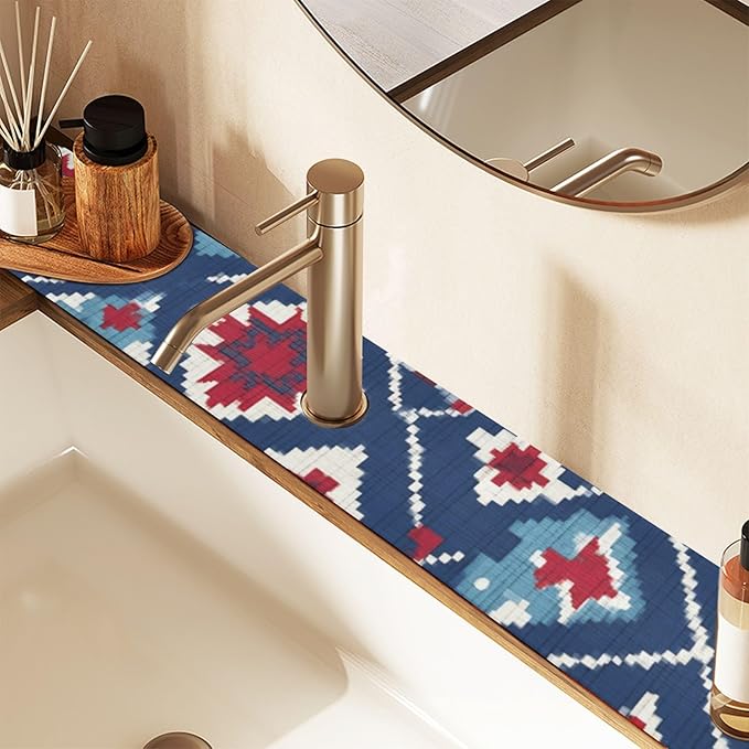 Kitchen Sink Splash Guard 1 PC 30 Inch Sink Faucet Mat Splash Guard for Bathroom Countertop Water Absorbent Foldable Cuttable Soft Washable Vintage Blue Floral Patriotic