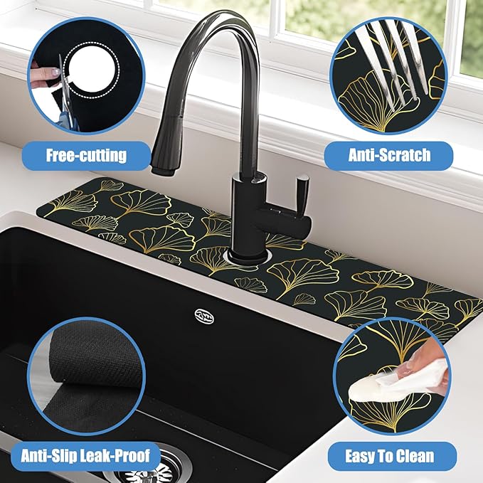 Sink Faucet Absorbing Mat Ginkgo Leaves Sink Splash Guard Drying Mat for Kitchen Bathroom Faucet Sinkmat 23.5"X5.5"