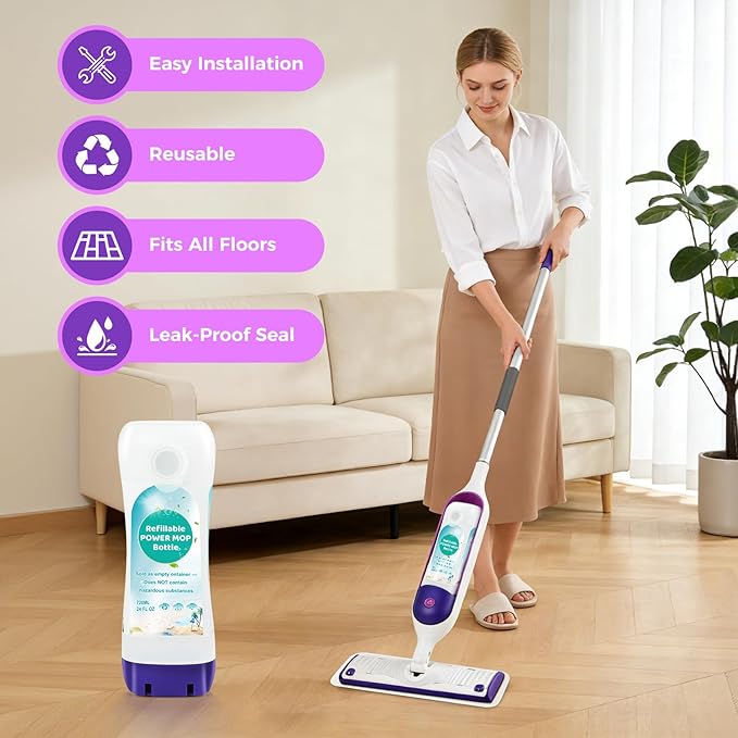 Refillable Solution Bottle for Swiffer Power Mop, 720ML/24 FL OZ Leak-Proof Reusable Empty Cleaner Container, Universal Fit for Any Liquid Cleaner, Easy Install