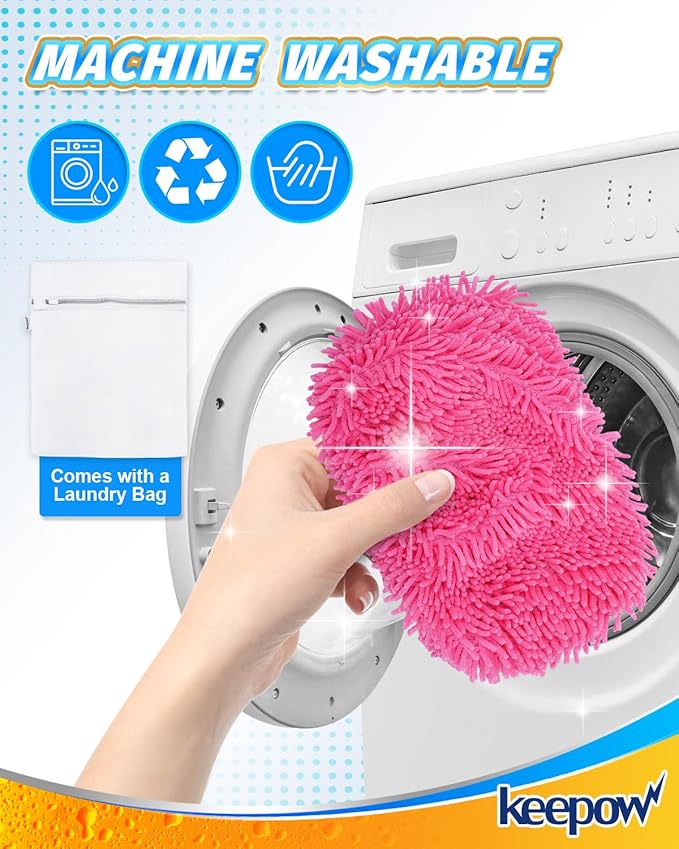 Keepow 8 Pack Reusable Mop Pads Compatible with Swiffer Sweeper, Chenille Mop Refill Pads, Dry & Wet Mopping Cloths for Floor Cleaning -Pink