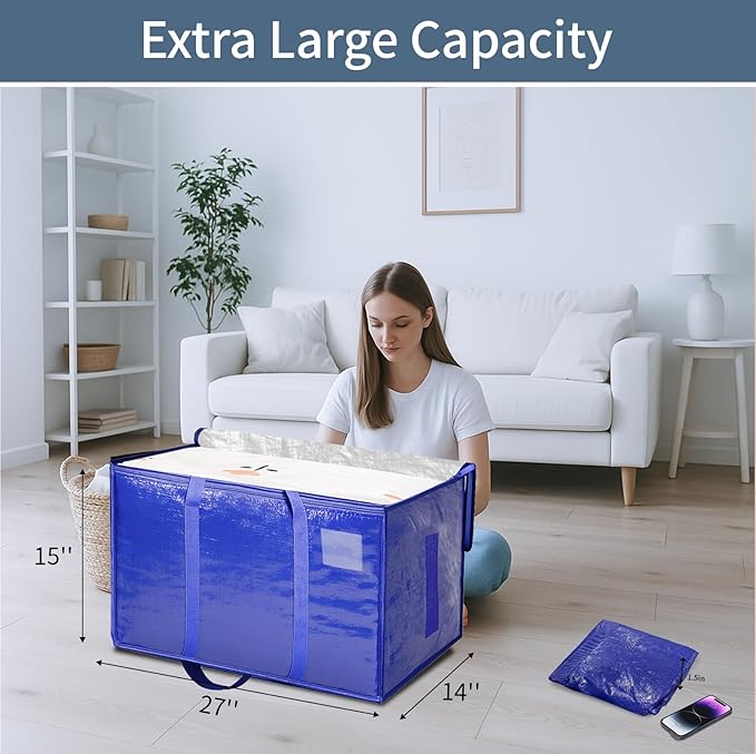 8 Pack-Extra Large Heavy Duty Moving Bags - Waterproof Storage Totes with Handles & Zippers, Foldable for College Dorm, Storage (Blue)