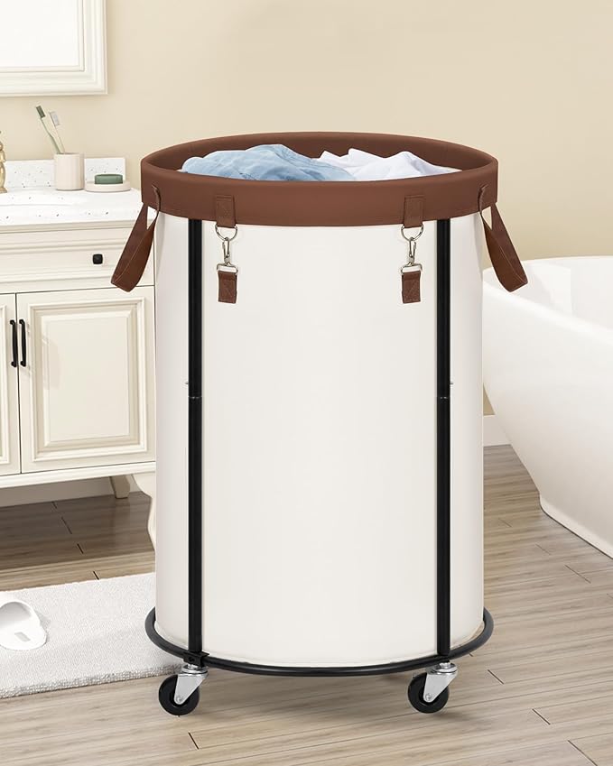 STORAGE MANIAC Rolling Laundry Hamper with Wheels 110L Laundry Basket, Round Laundry Cart with Metal Frame and Removable Bag, Clothes Hamper for Bedroom, Bathroom, Dorm Room, Laundry Room, Beige