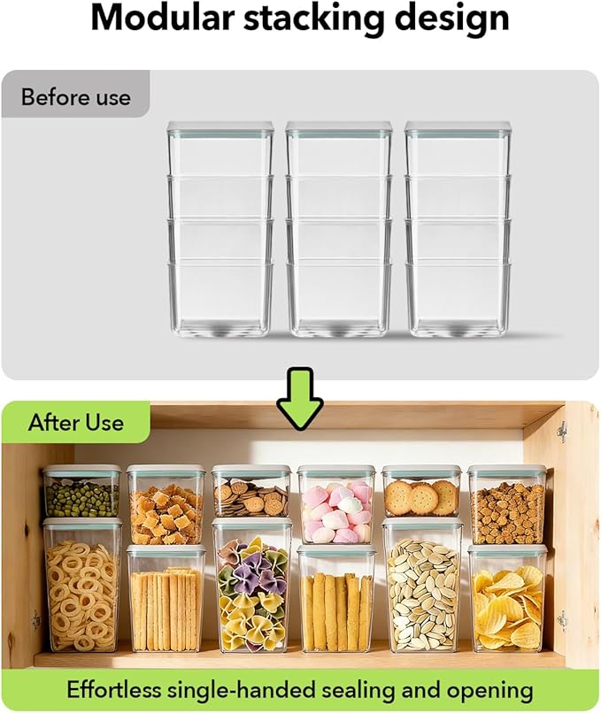Airtight Food Storage Container with One-Touch Lid, 12-Piece Set (1.3, 2.1, 2.9, 3.6 QT* 3) Stackable Durable BPA-Free for Baking Supplies, Pasta & Systematic Bulk Organization