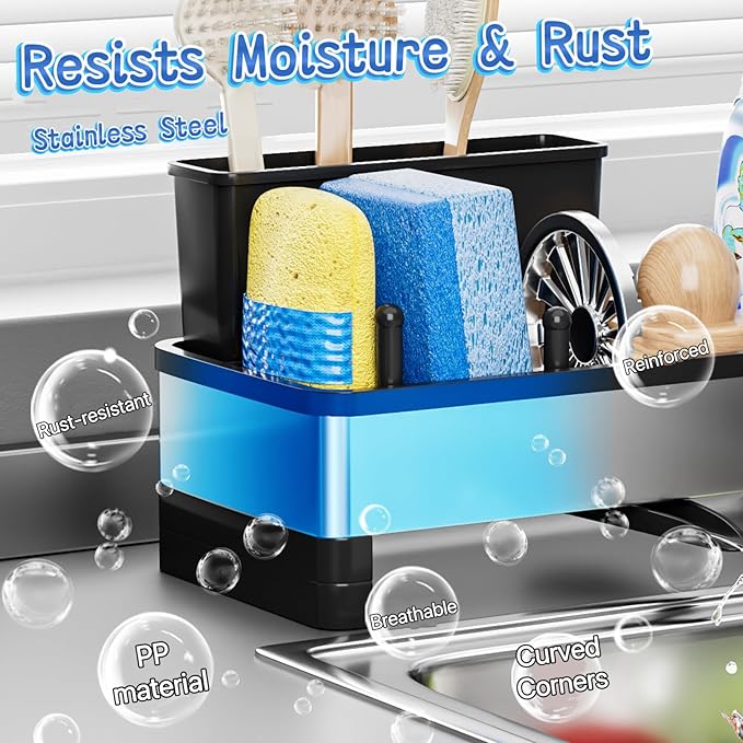 Sponge Holder for Kitchen Sink,Sink Caddy Organizer with Removable Brush Holder,Kitchen Countertop Soap Dispenser Storage with Detachable Towel Rack,Black