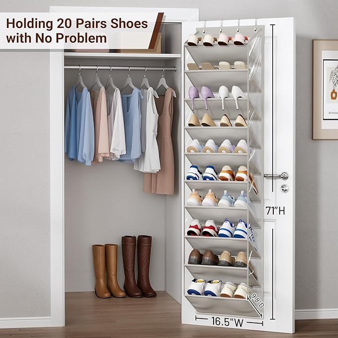 SLEEPING LAMB 10 Tiers Over The Door Shoe Organizer with Clear Deep Pockets, Hanging Shoe Rack for Door Storage 20 Pairs Sneakers Holder for Closet Hanger Boots, Grey