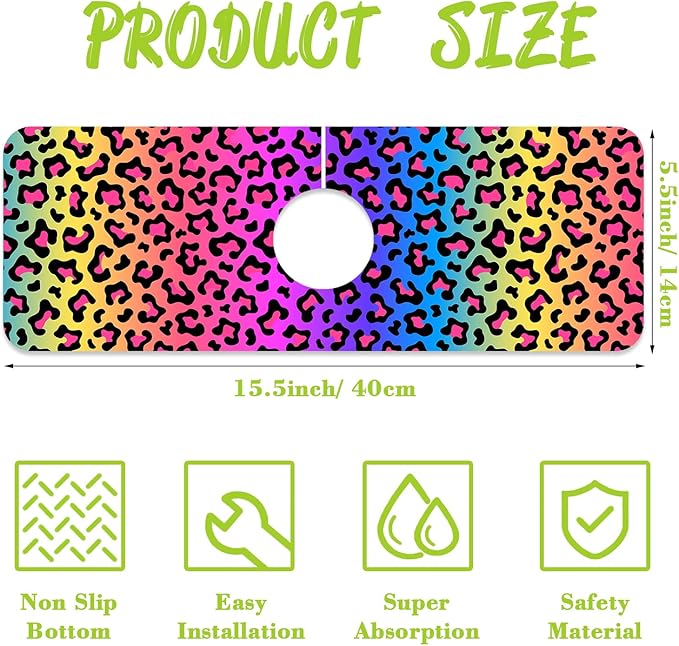 Sink Faucet Absorbing Mat Rainbow Colored Leopard Print Sink Splash Guard Drying Mat for Kitchen Bathroom Faucet Sinkmat 15.5"X5.5"