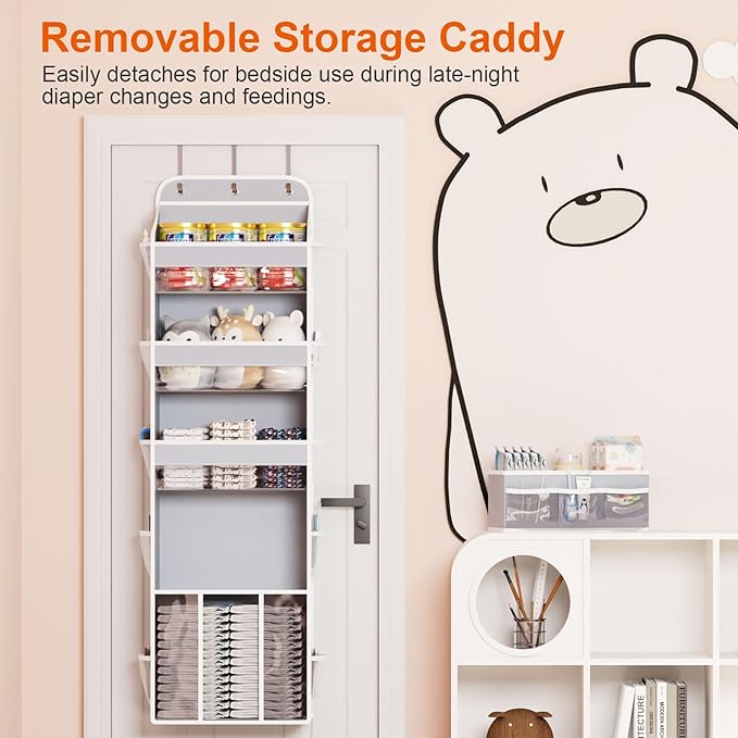 OneDream Over the Door Organizer for Nursery, 5-Tier Baby Clothes Organizer with Removable Storage Caddy, Hanging Behind Door Storage with Clear Pockets and Side Mesh Compartments, Grey