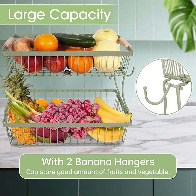 Fruit Basket Bowl 2 Tier Detachable with 2 Banana Hangers, Fruit Stand Holder for Kitchen Countertop, Metal Wire Vegetable Storage Organizer, for Bread Snack Veggies Produce,green