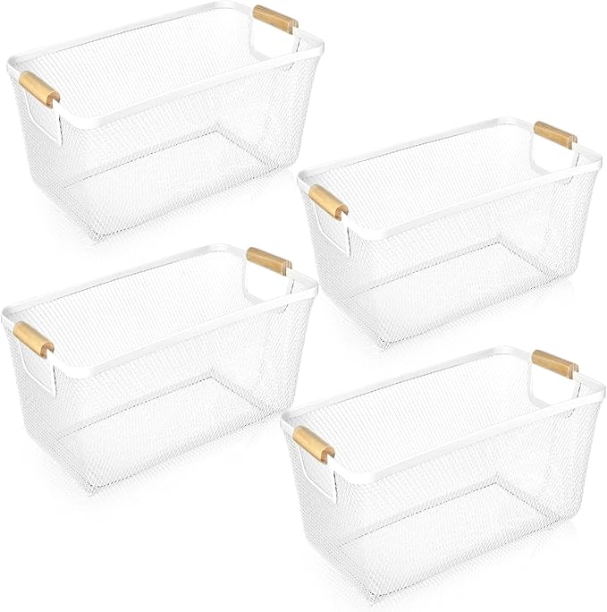 4 Pcs Metal Wire Basket with Wooden Handles Mesh Steel Storage Organizer Bin Containers for Home Organizing Cabinet Pantry Closet Kitchen Fridge Fruit Makeup Snacks Gifts(Large,Cream White)