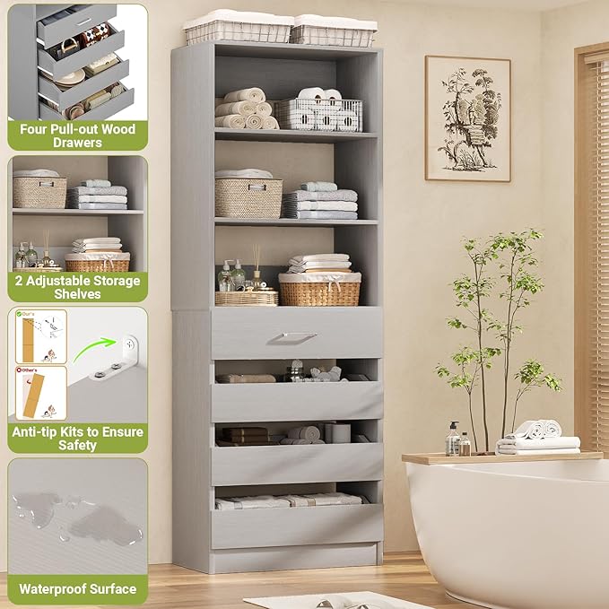 Aheaplus 21.3" Closet System with 4 Drawers, Wood Closet Organizer with Open Shelves, Modular Drawers System Tower, Walk-in Closet Small Wardrobe Rack, Tall Storage Cabinet Unit, Grey1