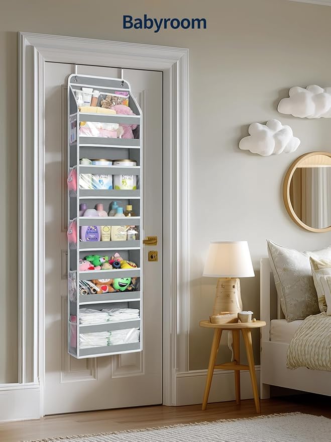 Yecaye 6 Tier Over the Door Organizer, Swing-proof Door Organizer Hanging with Clear PVC Windows, Behind the Door Storage for Bedroom Nursery Closet Laundry Pantry Bathroom, Grey