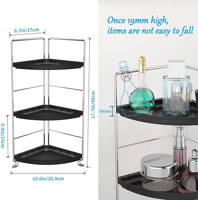 3-Tier Corner Bathroom Sink Countertop Organizer Storage Shelf Stackable Organizer for Cosmetics, Bathroom, Kitchen, Counter-Kitchen Spice Rack-Vanity Tray Makeup Shelf Holder,Black