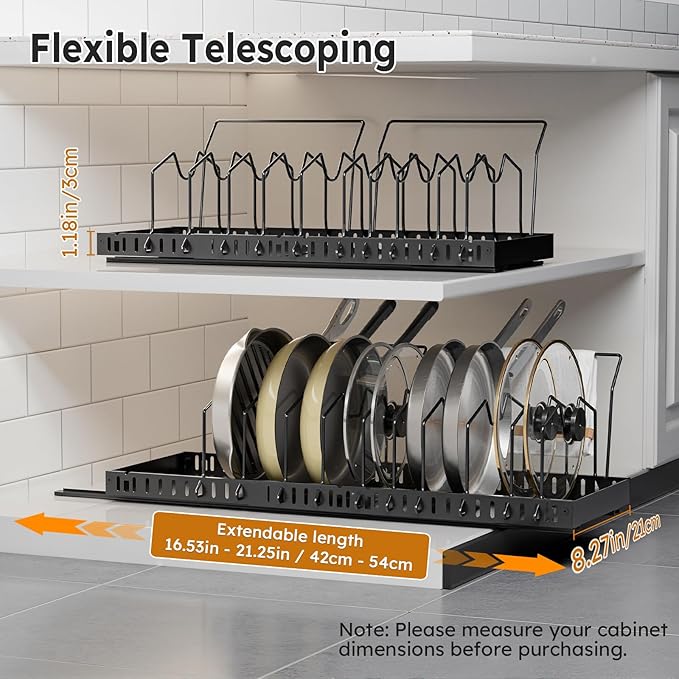 Pull-out Pots and Pans Organizer Under Cabinet - 1 Pack Expandable Pot and Pan Organizer Rack with 10 Adjustable Dividers for Pot, Cutting Board, Dishes, Lid, Baking Tray