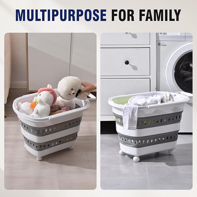 TECHMILLY Collapsible Plastic Laundry Basket Hamper with Wheels, 45L Portable Rubber Clothes Basket, Pop Up Storage Container/Organizer with Hanging Basket for Washing & Storage, Grey
