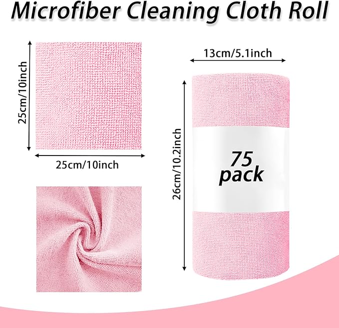 Microfiber Cleaning Cloth Roll,75 Pack Reusable Tear Away Microfiber Towels,Ultra Absorbent Dish Rags for Car,Home,Garage or Shop (Pink)