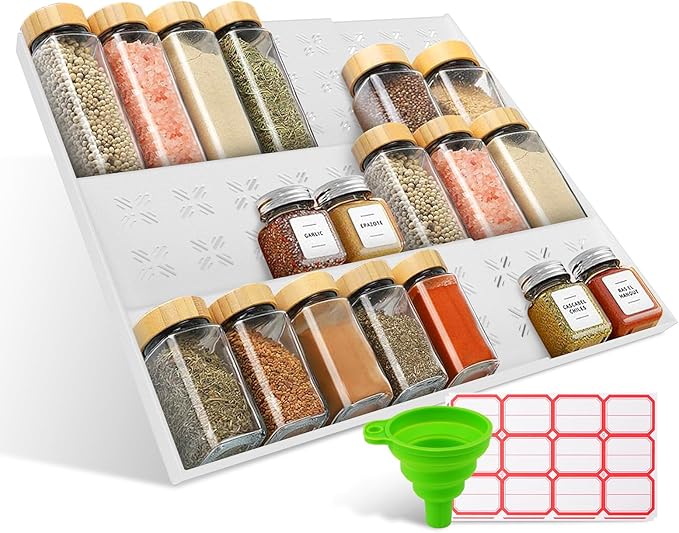 2-Pack Expandable Spice Drawer Organizer (11"-22"), 3-Tier Angled Seasoning Rack for Kitchen, Sturdy Vented Insert with Labels & Funnel, Fits Standard & Biger Spice Jars (Jars Not Included) WH