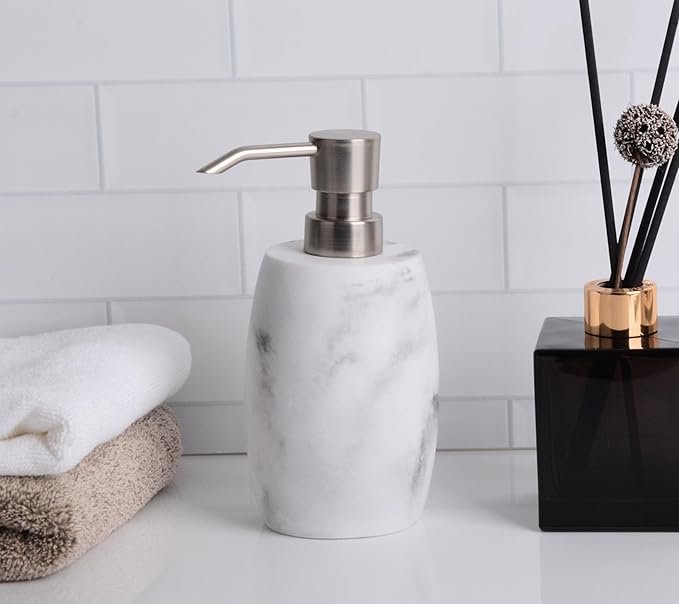 Resin Hand Soap Dispenser, Refillable Soap Dispenser with White Marble Look and Metallic Pump, Waterproof Bottle Labels for Bathroom Kitchen Dish Hand Wash Shower Lotion Shampoo (12 Oz)