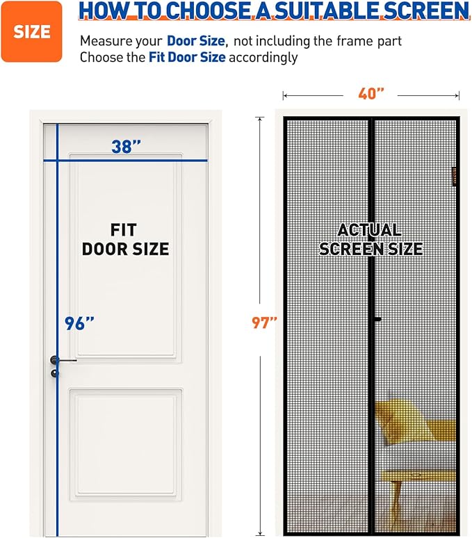 MAGZO Magnetic Screen Door Fit Door Size 38 x 96 Inch, Screen Size 40" x 97" Middle Open Fiberglass Mesh with Full Strip Black