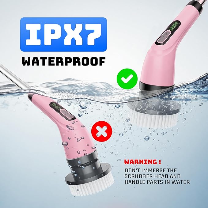 VigorDay Electric Spin Scrubber - Cordless Bathroom Scrubber with 7 Brush Heads - Dual Speed IPX7 Waterproof Power Scrubber for Heavy-Duty Bathtub, Glass, Tile, and Car Cleaning (Pink)