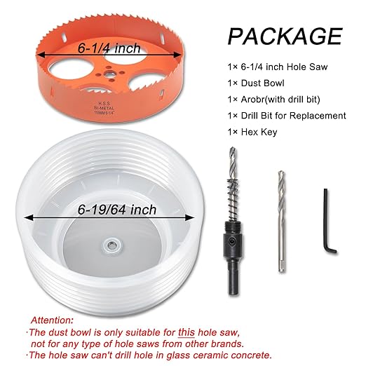 6.25 Hole Saw for Recessed Lights Can Lights, 6-1/4 Inch Hole Cutter with Dust Bowl Catcher for Led Recessed Lighting 6 Inch and Wood Metal Drywall, Bi-Metal Construction