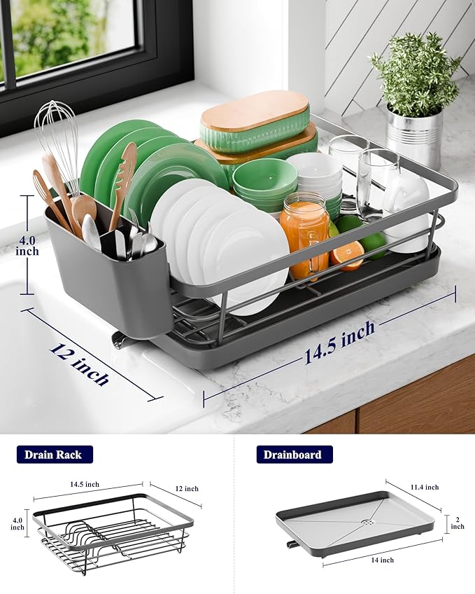 Kitsure Dish Drying Rack - Compact Dish Rack with Utensil Holder & Adjustable Water Outlet, Rust-Proof & Scratch-Resistant Drying Rack for Kitchen, 14.5" x 12.0" x 4.0", Grey