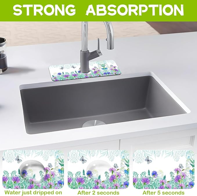 Kitchen Sink Splash Guard Faucet Mat Super Absorbent Fast Drying Mat Guard Behind Faucet Drip Catcher for Kitchen Bathroom (Watercolor Flowers Butterflies, 23.5"X5.5")